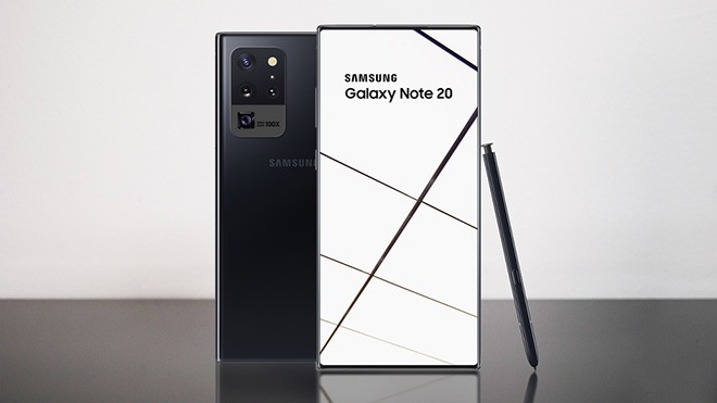 Tampilan belakang dan depan Samsung Galaxy Note 20 dengan tiga kamera belakang